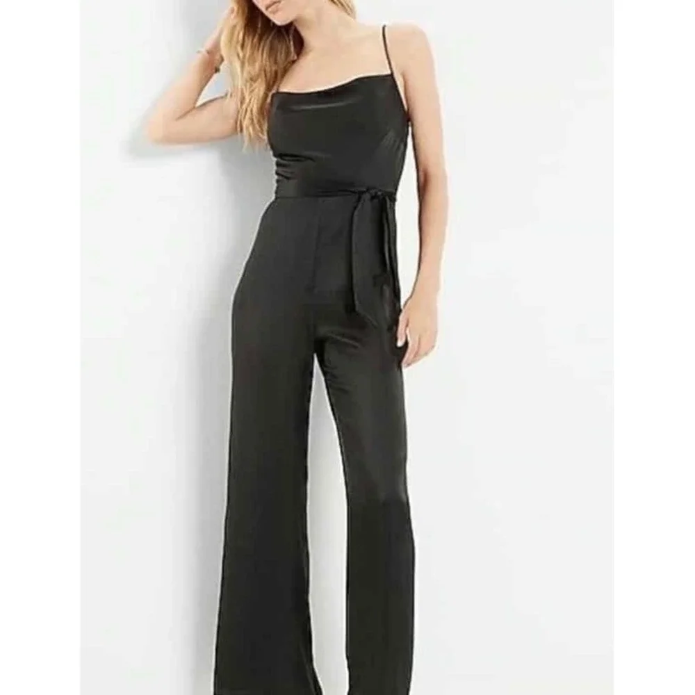 Express Black Satin‎ Cowl Neck Wide Leg Tie Waist Spaghetti Strap Jumpsuit